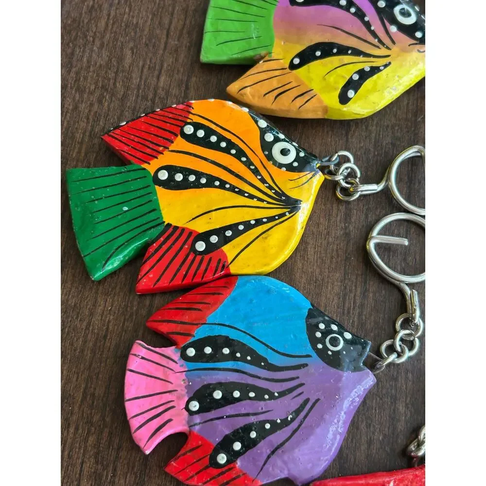 10 vintage hand-painted wooden tropical fish key chains ornaments